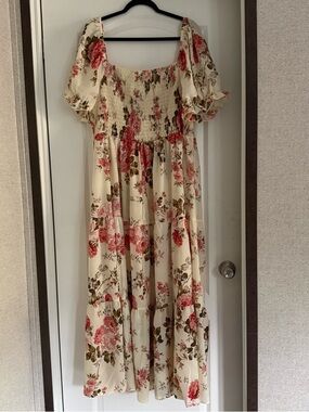 Cream Floral Smocked Puff-Sleeve Womens Dress